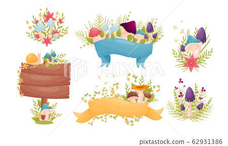 Mushroom and Flower Compositions with Blank Ribbon and Wooden Road Sign Vector Set 62931386