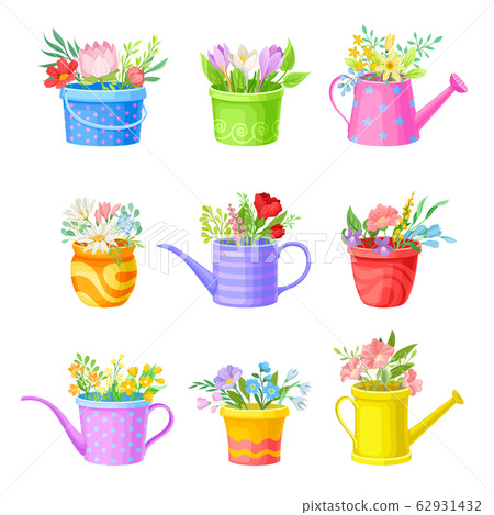 Bunch of Flowers Standing in Bright Buckets and Watering Cans Vector Set 62931432