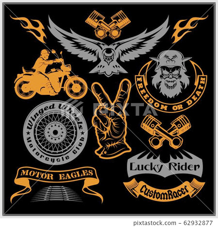 Motorcycle vector set with vintage custom logos, badges, design templates. 62932877