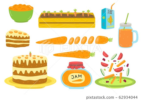 Different carrot foods on vector healthy cooking hand drawn illustration isolated on white. 62934044