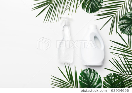 White plastic packaging of laundry detergent and bio spray 62934696