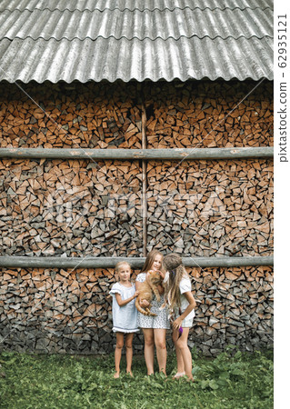 Outdoor portrait of three child girls playing with big red cat, while standing against the firewood wall background near barn. Children and domestic animals, countryside, summer holidays 62935121