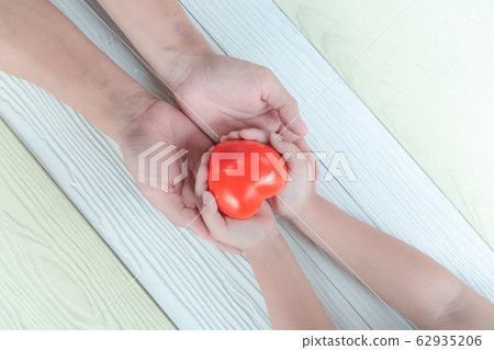 Red heart in hands of Father and son. Love and Red heart in hands of Father and son. Love and 62935206