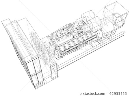 High voltage industrial standby dieasel generator at a power generation. The layers of visible and invisible lines are separated. EPS10 format. Wire-frame 62935533