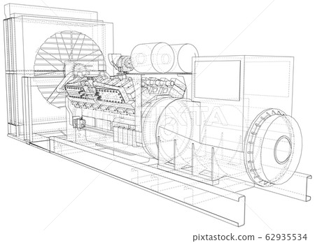 High voltage industrial standby dieasel generator at a power generation. The layers of visible and invisible lines are separated. EPS10 format. Wire-frame 62935534