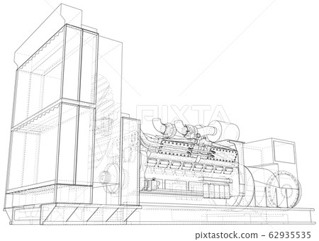 Diesel generator unit for factory. he layers of visible and invisible lines are separated. Wire-frame outline 62935535