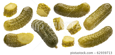 Pickled gherkins, marinated cucumbers isolated on white background Pickled gherkins, marinated cucumbers isolated on white background 62939713