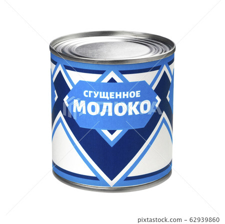 Condensed milk can isolated on white background, russian cyrillic text 62939860