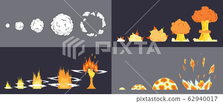 Animation of explosion effect in cartoon comic style. Cartoon explosion effect with smoke for game. Sprite sheet for cartoon fire explosion, flash game effect animation Animation of explosion effect in cartoon comic style. Cartoon explosion effect with smoke for game. Sprite sheet for cartoon fire explosion, flash game effect animation 62940017