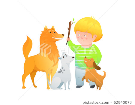 Boy kid playing training three dogs, throwing... - Stock Illustration  [62940073] - PIXTA
