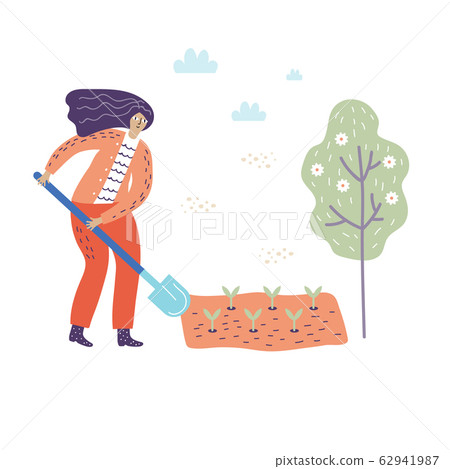 A woman digs a shovel ground in a garden in a red jumpsuit vector illustration A woman digs a shovel ground in a garden in a red jumpsuit vector illustration 62941987