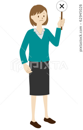 Illustration of a female office worker standing (raising the incorrect answer tag) 62945026