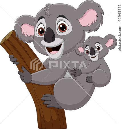 Cartoon mother koala and baby on a tree branch 62945551