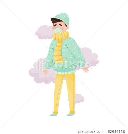 Young Man Standing in Smoke Wearing Safety Mask Because of Bad Air and Dust Vector Illustration Young Man Standing in Smoke Wearing Safety Mask Because of Bad Air and Dust Vector Illustration 62956158