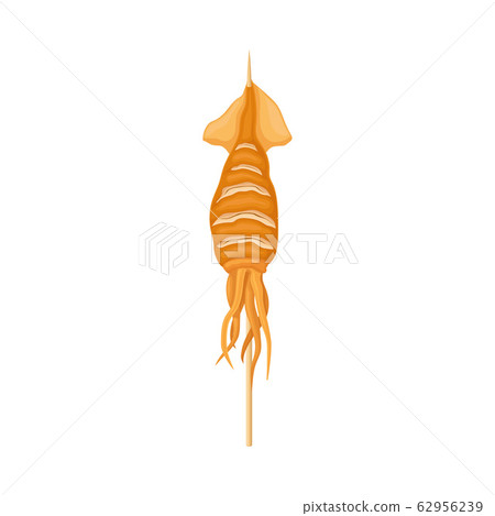 Asian Street Food with Deep Fried Squid Placed on Sharp Wooden Stick Vector Illustration 62956239