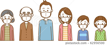 Image illustration of a three-generation family wearing a mask (upper body) Image illustration of a three-generation family wearing a mask (upper body) 62956500