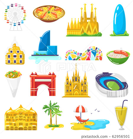 Spain travel tourist attractions, tourism in Barcelona vector illustrations, icons set isolated on white background Spain travel tourist attractions, tourism in Barcelona vector illustrations, icons set isolated on white background 62956501