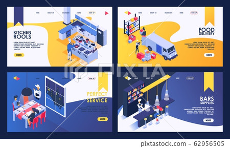 Restaurant vector food delivery and people landing web page isometric illustration set of kitchen, bar, catering and chef cooking in cafe 62956505