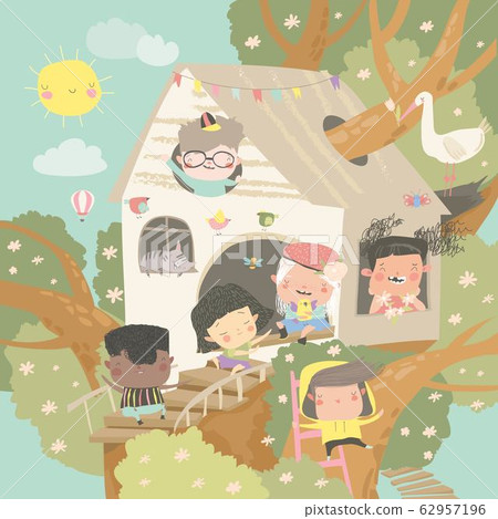 Children playing and having fun in the treehouse - Stock Illustration ...