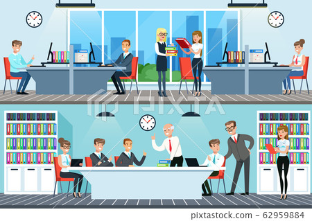 Modern Office Interior with Working People, Business Meeting, Empoyees Sitting at Desks Working with Computers and Documents Vector Illustration 62959884