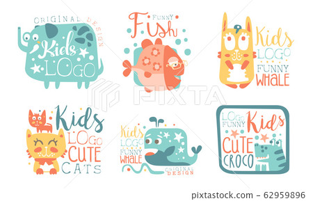 Collection of Kids Logo Design Templates with Cute Funny Animals, Childish Hand Drawn Badges Vector Illustration 62959896