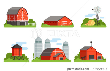 Agricultural Buildings Collection, Countryside Life and Industrial Objects, Farm House, Barn, Silo Towers Vector Illustration 62959904