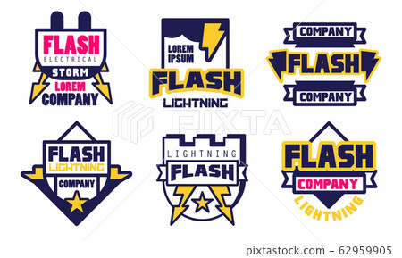 Flash Lightning Logo Templates Collection, Electrical Storm Company Bright Badges Vector Illustration on White Background 62959905