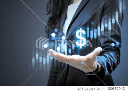 Businesswoman showing a dollar virtual bar chart 62959942