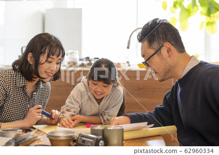 Family checking evacuation destinations while looking at the map 62960334
