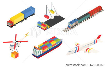 Element of Global logistics network. Vector illustration. Different type of transport. Air cargo plane, rail transportation on train, maritime shipping large ships, truk and port with container 62960460