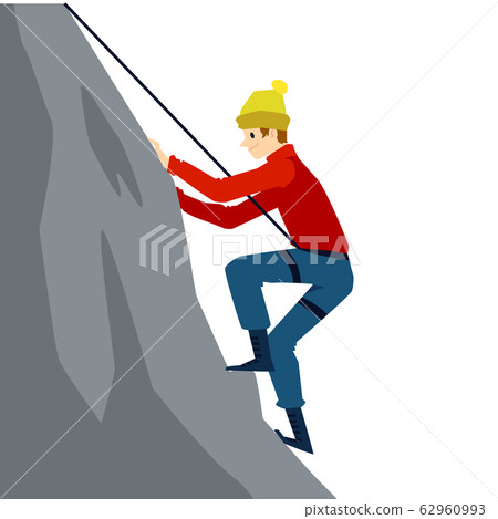 Cartoon man climbing a mountain with safety equipment Cartoon man climbing a mountain with safety equipment 62960993