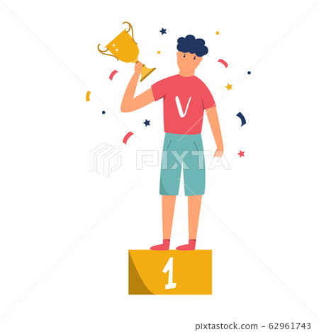Young champion standing with a trophy on pedestal 62961743