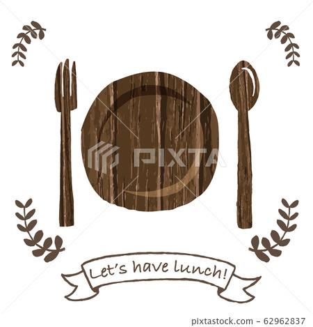 Wooden spoon and fork and plate Let's have lunch! 62962837