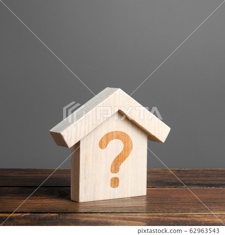 House with a question mark. Cost estimate. Solving housing problems, deciding buy or rent real estate. Search for options, choice type of residential buildings. Property price valuation evaluation 62963543