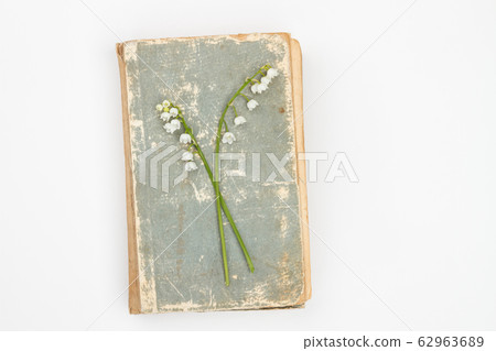 Lily of the valley flowers and retro book on white background Lily of the valley flowers and retro book on white background 62963689