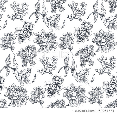 Seamless pattern with hand drawn flowers and plants in sketch style. 62964773