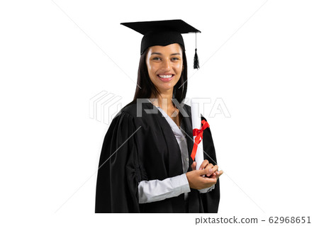 Mixed race female student holding a certificate graduating Mixed race female student holding a certificate graduating 62968651