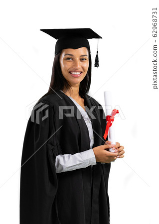 Mixed race female student holding a certificate graduating 62968731