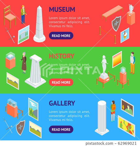 Museum Hall Interior Banner Horizontal Set Isometric View. Vector 62969021
