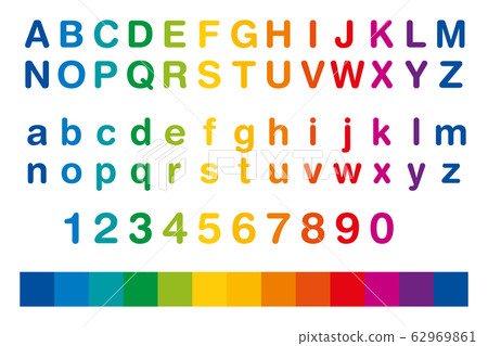 Rainbow colored alphabet and numbers in a row. Standard set of letters from A to Z in upper and lower case, also the ten numbers from one to zero. Isolated illustration on white background. Vector. 62969861