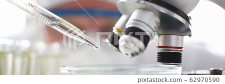 Scientist dosing a drop with pipet to exam with microscope Scientist dosing a drop with pipet to exam with microscope 62970590