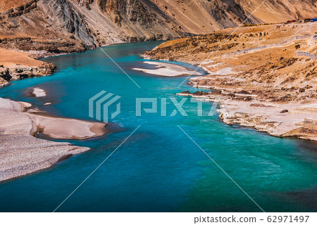 Confluence of Zanskar and Indus rivers - Leh, Ladakh, India 62971497