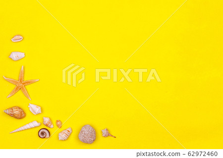 Sea shells, starfish on a yellow background. Sea shells, starfish on a yellow background. 62972460