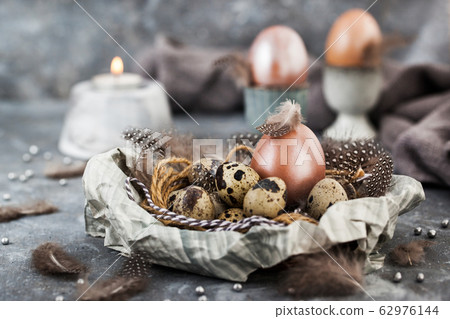 Easter painted shine pearl eggs and feathers,  62976144