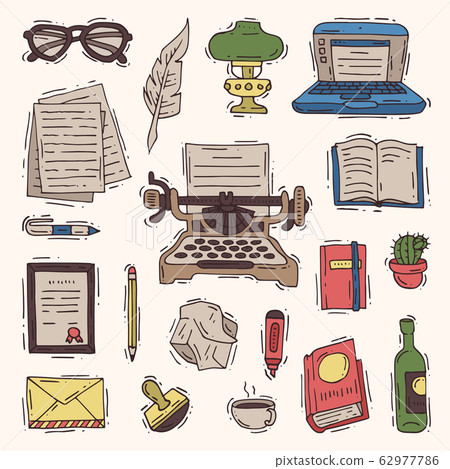 Writer office vector business on typewriter and copywriter book on paper in notebook illustration copywriting set isolated on white background Writer office vector business on typewriter and copywriter book on paper in notebook illustration copywriting set isolated on white background 62977786