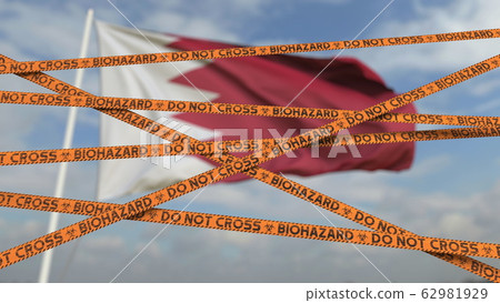 Do not cross biohazard tape lines on the Bahraini flag background. Restricted entry or quarantine in Bahrain. Conceptual 3D rendering 62981929