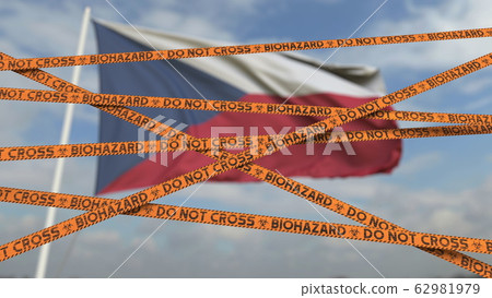 Biohazard restriction tape lines against the Czech flag. Restricted entry or quarantine in the Czech Republic. Conceptual 3D rendering 62981979
