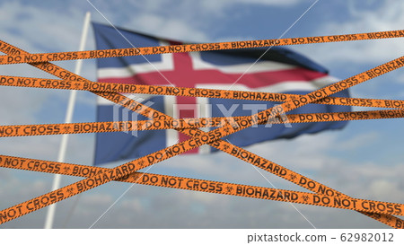 Do not cross biohazard tape lines on the Icelandic flag background. Restricted entry or quarantine in Iceland. Conceptual 3D rendering 62982012