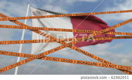 Biohazard restriction tape lines against the Maltese flag. Restricted border crossing or quarantine in Malta. Conceptual 3D rendering 62982051