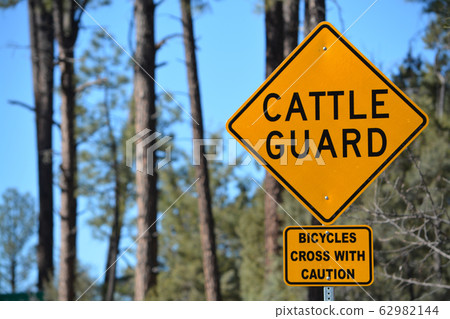 Cattle Guard warning sign and Bicycles Cross with Caution Sign. Gila County, Tonto National Forest, Arizona USA 62982144